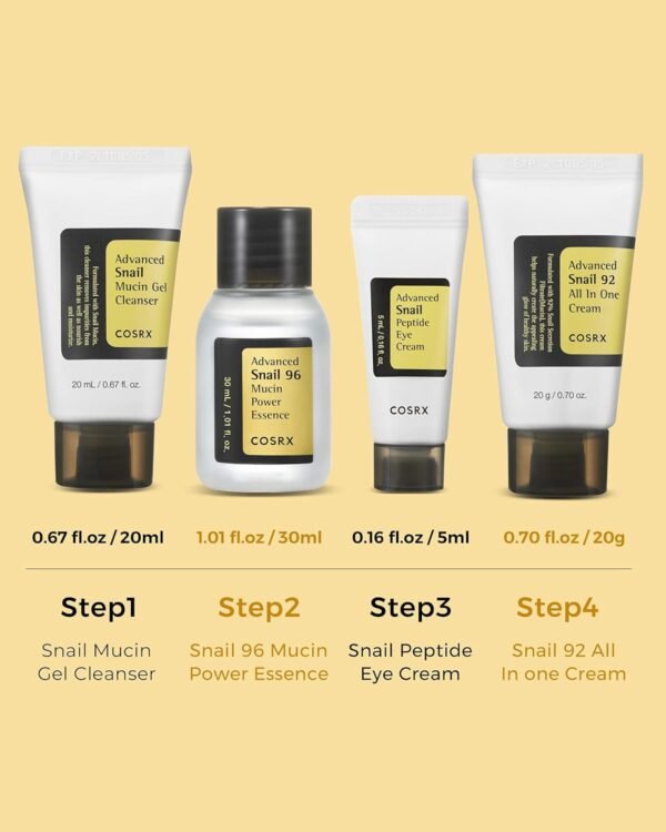 COSRX All About Snail Mucin Korean Skin Care Set, Travel Size Gift Set with Snail Mucin Face Wash, Serum, Moisturizer & Eye Cream, Mini Travel Essentials, Rejuvenating Kit - Image 2