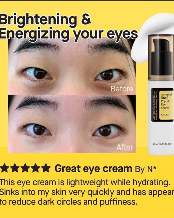 COSRX Snail Mucin Peptide Under Eye Cream, 0.84 fl oz, 73.7% Snail Mucin and Niacinamide, Eye Care, Eye Cream Anti Aging, Dark Circles, Korean Skin Care - Image 3