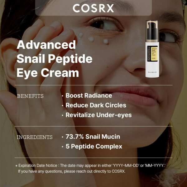 COSRX Snail Mucin Peptide Under Eye Cream, 0.84 fl oz, 73.7% Snail Mucin and Niacinamide, Eye Care, Eye Cream Anti Aging, Dark Circles, Korean Skin Care - Image 6