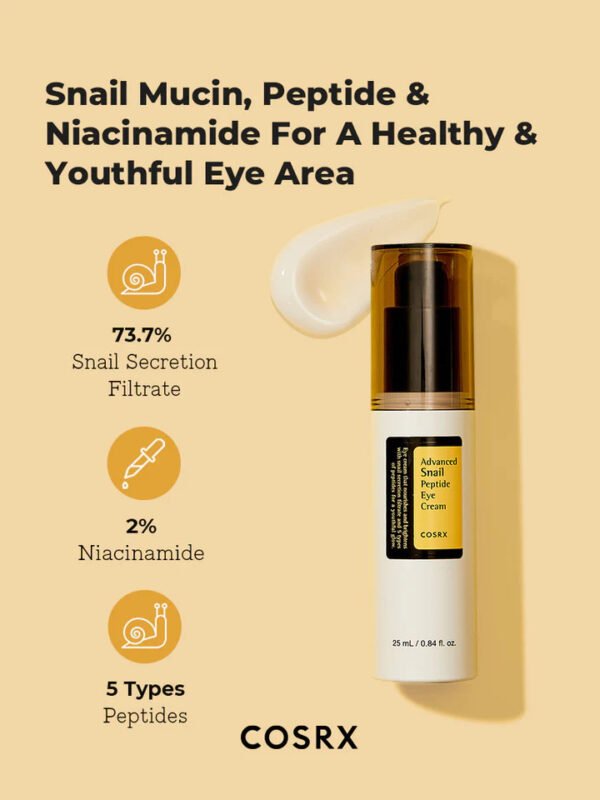 COSRX Snail Mucin Peptide Under Eye Cream, 0.84 fl oz, 73.7% Snail Mucin and Niacinamide, Eye Care, Eye Cream Anti Aging, Dark Circles, Korean Skin Care - Image 5