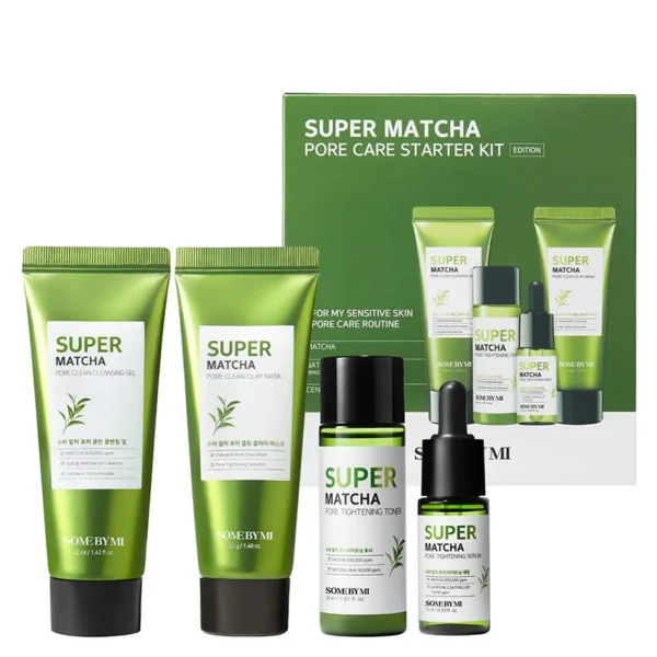 SOME BY MI Super Matcha Pore Care Starter Kit/Toner 1.01Oz, Serum 0.33Oz, Cleansing Gel 1.42Oz, Clay Mask 1.48Oz / Sebum, Anti-wrinkle and Trouble Care/Facial Skin Care Set
