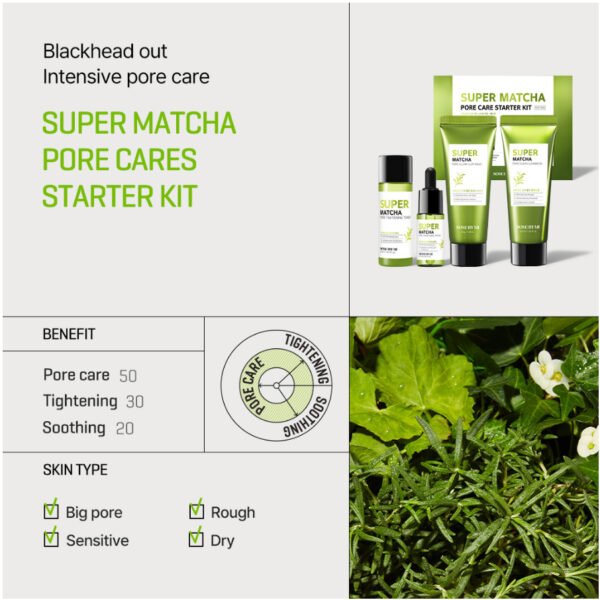 SOME BY MI Super Matcha Pore Care Starter Kit/Toner 1.01Oz, Serum 0.33Oz, Cleansing Gel 1.42Oz, Clay Mask 1.48Oz / Sebum, Anti-wrinkle and Trouble Care/Facial Skin Care Set - Image 3