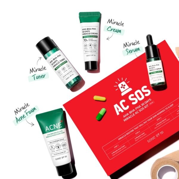SOME BY MI AHA BHA PHA 30Days Miracle AC SOS Kit - Toner 1.01Oz, Serum 0.33Oz, Cream 0.7Oz, Foam 1.01Oz - Mild Exfoliating Daily Skin Care Set - Skin Wastes, Sebum, Oiliness Care - Korean Skin Care
