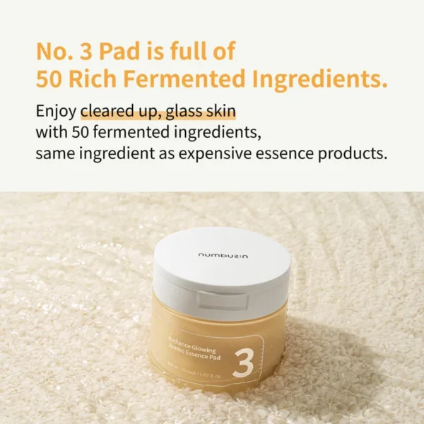 numbuzin No.3 Toner Pads | Radiance Glowing Jumbo Essence Pad | Clear Glass Skin, Texture Care | Biodegradable Vegan Pads, Fermented Ingredients, Niacinamide | 70 pads/5.07 fl. oz. - Image 3