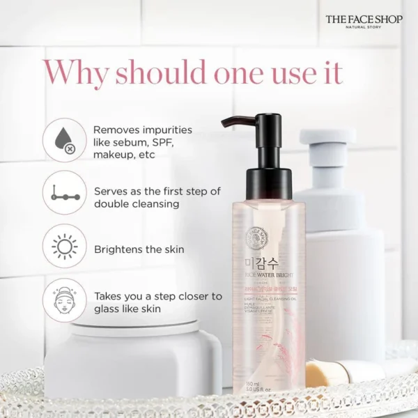 The Face Shop Rice Water Bright Light Facial Cleansing Oil, Daily Makeup Remover, Oil Cleanser, Vegan, Korean Skin Care with Jojoba Oil, Face Wash for Sensitive, Normal & Oily Skin, Face Pore Cleanser - Image 3