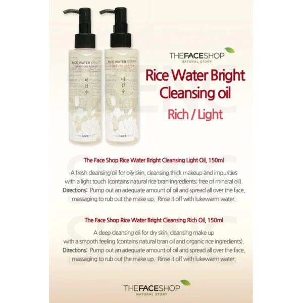 The Face Shop Rice Water Bright Light Facial Cleansing Oil, Daily Makeup Remover, Oil Cleanser, Vegan, Korean Skin Care with Jojoba Oil, Face Wash for Sensitive, Normal & Oily Skin, Face Pore Cleanser - Image 4