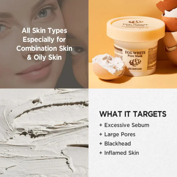 [SKINFOOD] Egg White Pore Mask 120g (4.23 Fl Oz), Clay Mask Pore Tightening Exfoliator, Sebum Absorption Hydra Exfoliant (4.23 oz) - Image 4