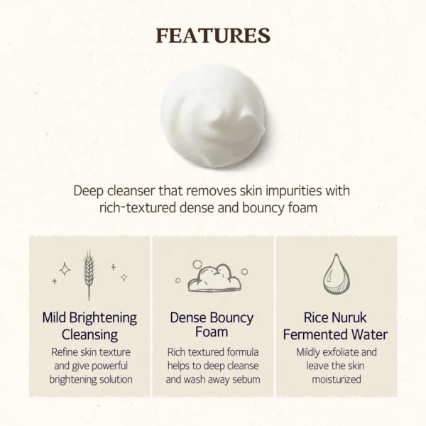 SKINFOOD Rice Daily Cleansing Foam 150ml - Delicate, Fine, and Smooth Brightening Cleansing with Fermented White Rice Ingredients - Firming Bubble Facial Foam Cleanser - For Men and Women (5.07 fl. oz.) - Image 2