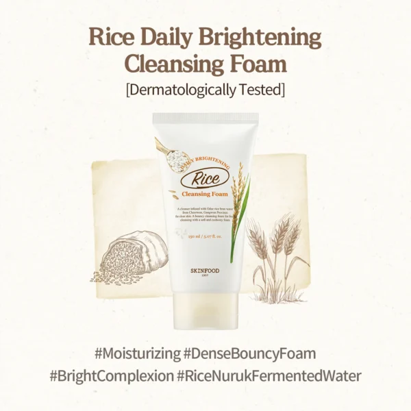 SKINFOOD Rice Daily Cleansing Foam 150ml - Delicate, Fine, and Smooth Brightening Cleansing with Fermented White Rice Ingredients - Firming Bubble Facial Foam Cleanser - For Men and Women (5.07 fl. oz.)