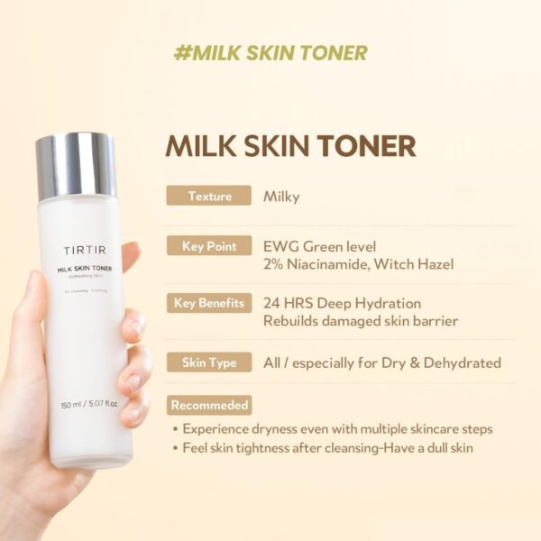TIRTIR Milk Skin Rice Toner | Deep Moisturizing, Hydrating Toner for face, Niacinamide, Ceramide, Rice Bran Extract, Nature-Oriented Ingredients for Korean Skin Care, Vegan, 5.07 fl.oz. - Image 5