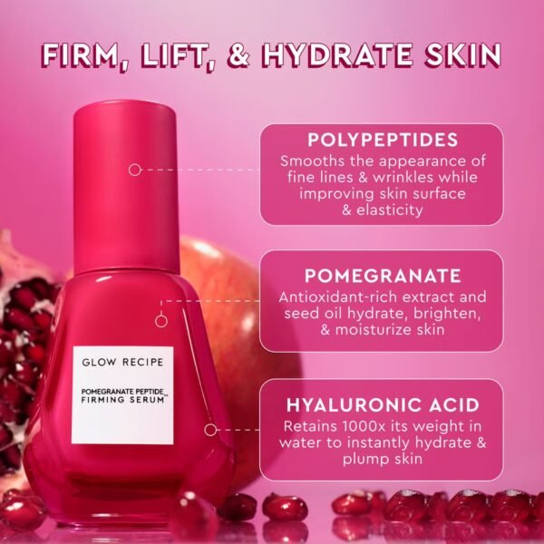 Glow Recipe Pomegranate Copper Peptides Face Serum - Plumping, Firming Multi Peptide Anti Aging Serum for Women & Men + Hydrating Hyaluronic Acid to Smooth Lines, Support Collagen & Skin Elastin, 30ml - Image 3