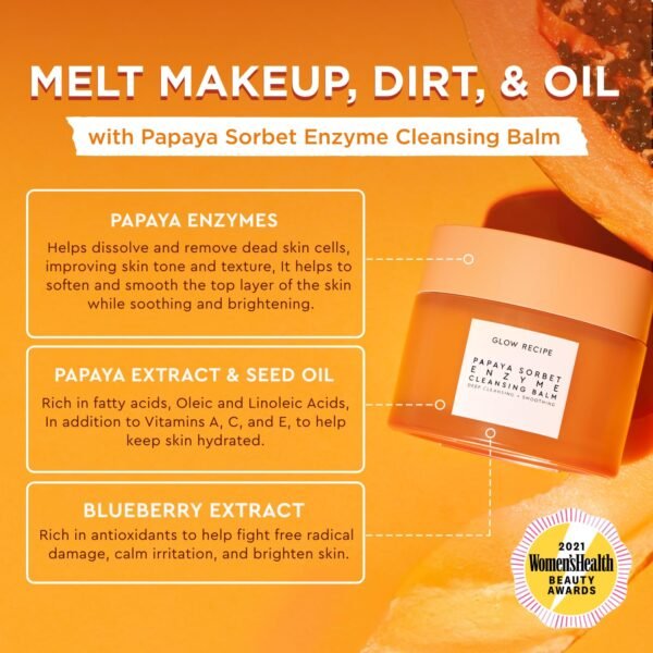 Glow Recipe Papaya Enzyme Cleansing Balm Makeup Remover - Gentle Exfoliator, Makeup Melting Balm & Face Cleanser for Women - Exfoliating Face Wash to Even Skin Tone & Lock-in Facial Hydration (3.38oz) - Image 4