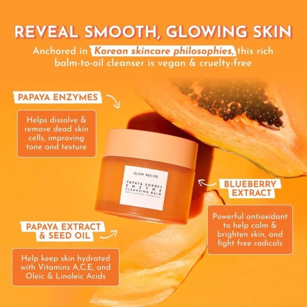 Glow Recipe Papaya Enzyme Cleansing Balm Makeup Remover - Gentle Exfoliator, Makeup Melting Balm & Face Cleanser for Women - Exfoliating Face Wash to Even Skin Tone & Lock-in Facial Hydration (3.38oz) - Image 2
