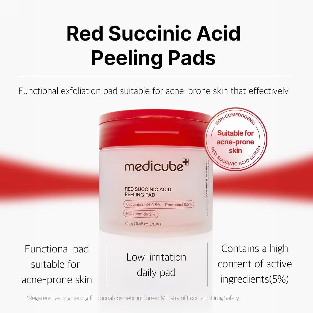 Medicube Red Succinic Acid Panthenol Facial Peeling Pads - Exfoliating Toner Pads for Breakout-Prone Skin with Niacinamide, AHA, BHA, and Soothing Panthenol - Non-Comedogenic 1 Medicube Red Succinic Acid Panthenol Facial Peeling Pads - Exfoliating Toner Pads for Breakout-Prone Skin with Niacinamide, AHA, BHA, and Soothing Panthenol - Non-Comedogenic