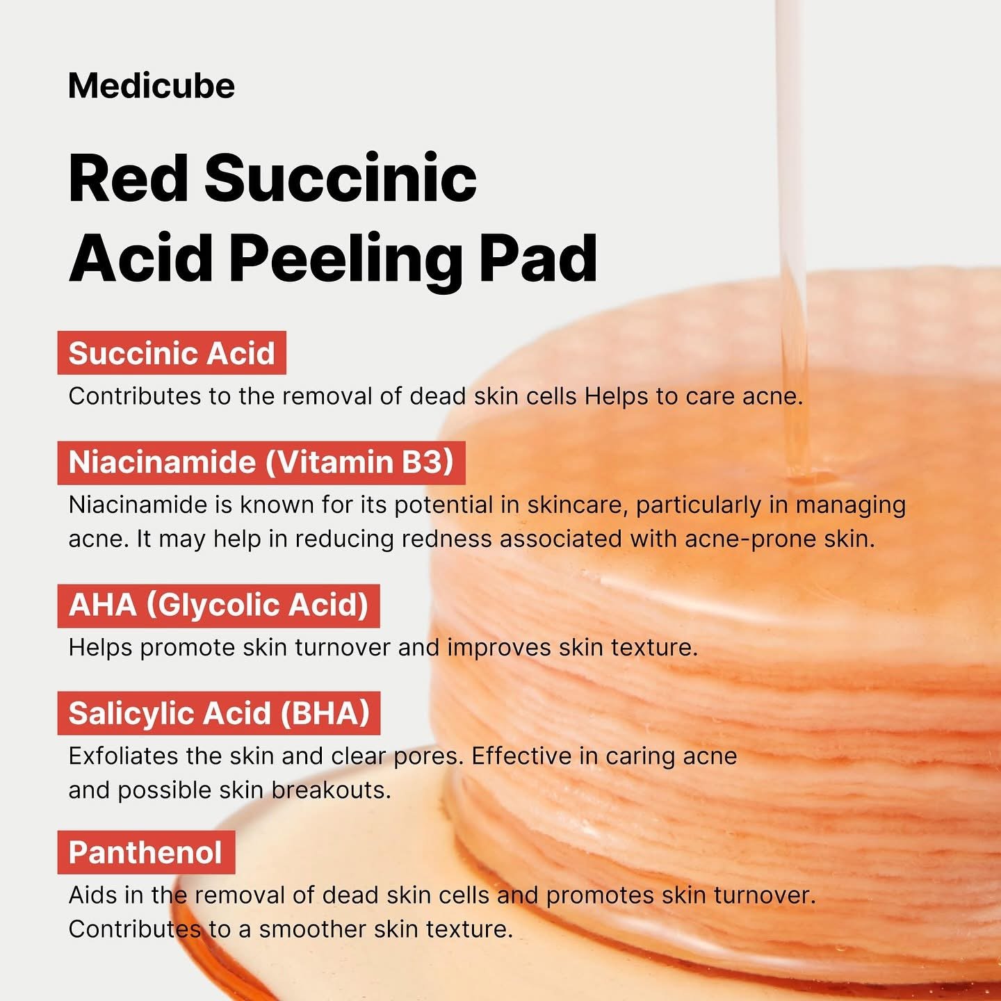 Medicube Red Succinic Acid Panthenol Facial Peeling Pads - Exfoliating Toner Pads for Breakout-Prone Skin with Niacinamide, AHA, BHA, and Soothing Panthenol - Non-Comedogenic 4 Medicube Red Succinic Acid Panthenol Facial Peeling Pads - Exfoliating Toner Pads for Breakout-Prone Skin with Niacinamide, AHA, BHA, and Soothing Panthenol - Non-Comedogenic - Image 4