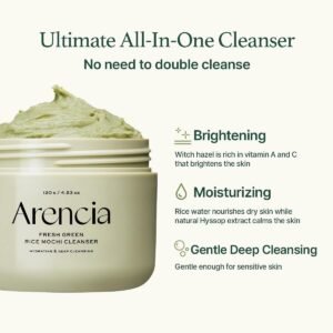 ARENCIA Korean Rice Mochi Face Cleanser - Face Wash, Gentle Scrub All in One for Deep Cleansing, Moisturizing, Pore Minimizing, Acne-Prone Skin, Removing Blackhead with Rice Water & Green Tea
