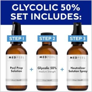 MedPeel Glycolic Acid 50% Essential Peel Kit, Includes Peel, Prep, Neutralizer, Medium Strength Chemical Face Peel, Minimize Fine Lines, Wrinkles, Dark Spots, All Skin Tones, 1oz/30ml (Kit of 3)