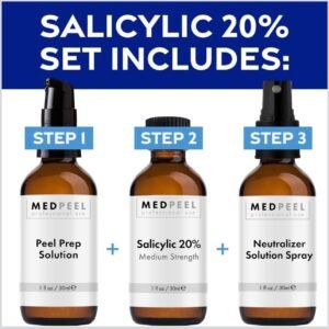 MedPeel Salicylic Acid 20% Essential Peel Kit, Includes Peel, Prep, Neutralizer, Medium Strength Professional Grade Chemical Face Peel for all Skin Tones, 1oz/30ml (Kit of 3)