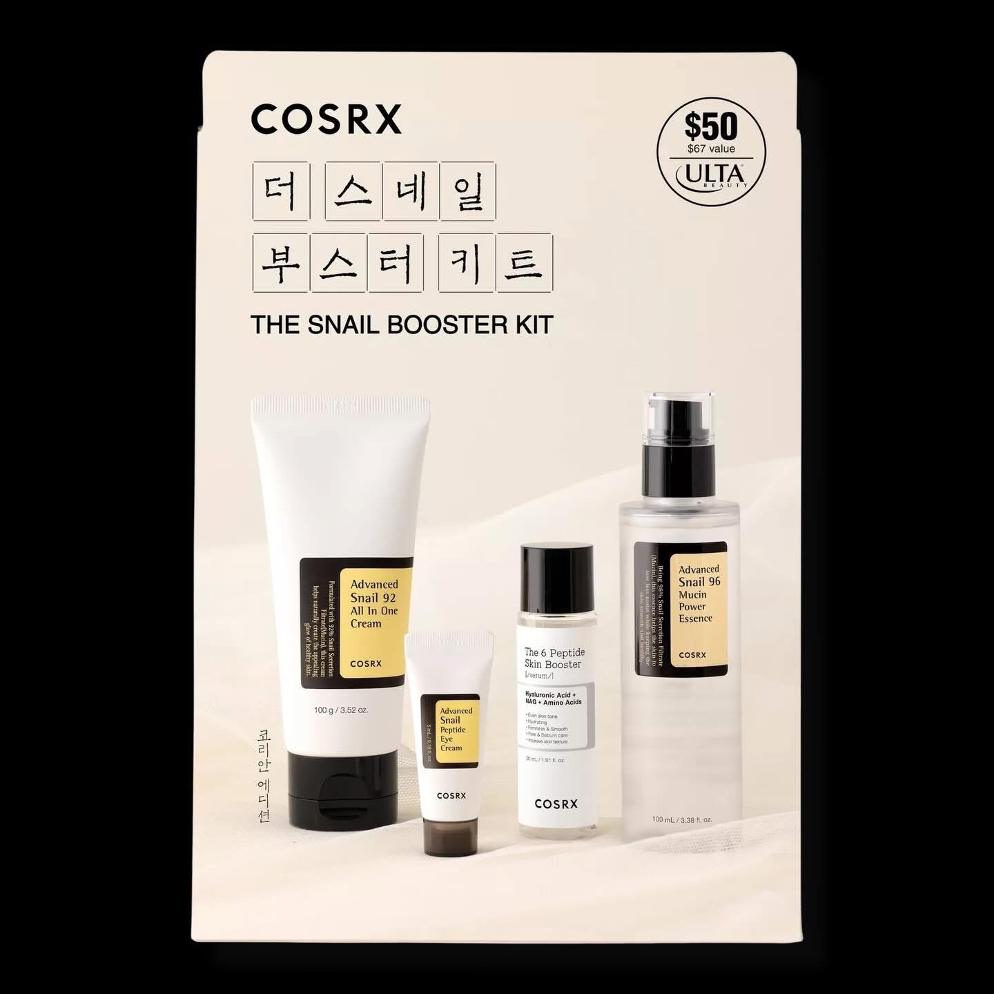 COSRX The Snail Booster Kit The Snail Booster Kit is a four-piece set of COSRX’s most coveted skincare essentials. This kit is designed to improve skin texture and provide long lasting moisture. 1 COSRX The Snail Booster Kit The Snail Booster Kit is a four-piece set of COSRX’s most coveted skincare essentials. This kit is designed to improve skin texture and provide long lasting moisture.