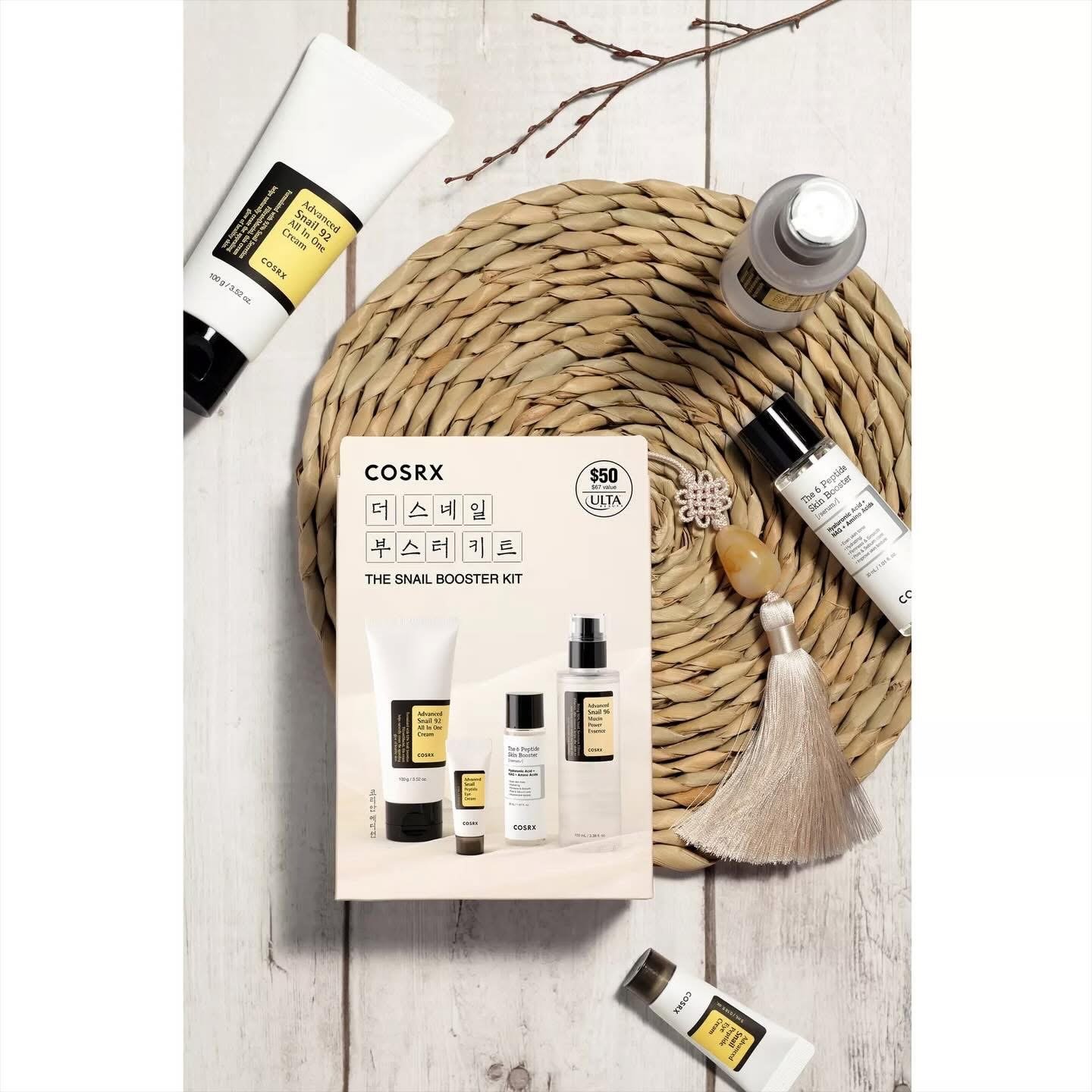 COSRX The Snail Booster Kit The Snail Booster Kit is a four-piece set of COSRX’s most coveted skincare essentials. This kit is designed to improve skin texture and provide long lasting moisture. 3 COSRX The Snail Booster Kit The Snail Booster Kit is a four-piece set of COSRX’s most coveted skincare essentials. This kit is designed to improve skin texture and provide long lasting moisture. - Image 3